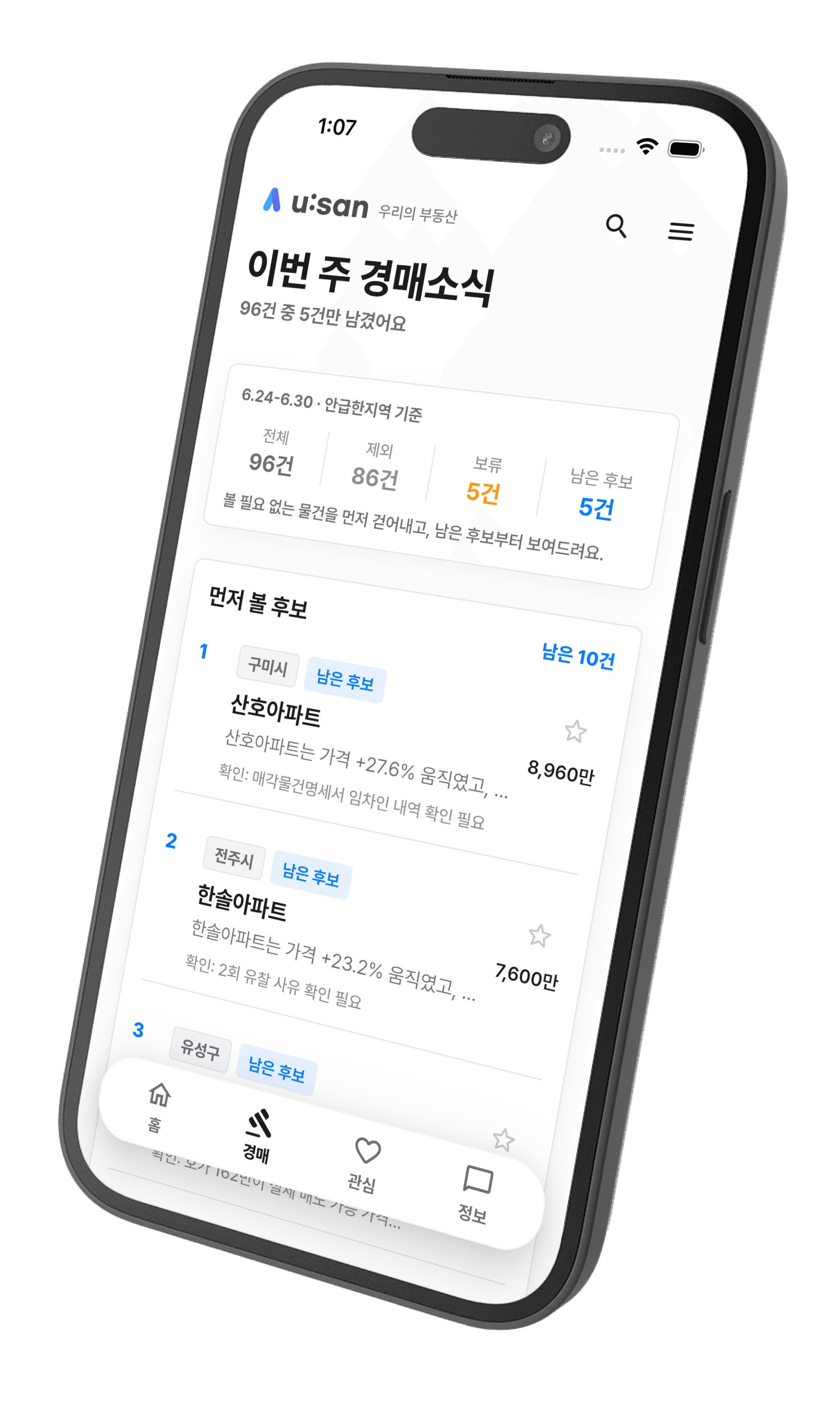 u:san 경매 화면 — 96건 중 5건만 남겼어요