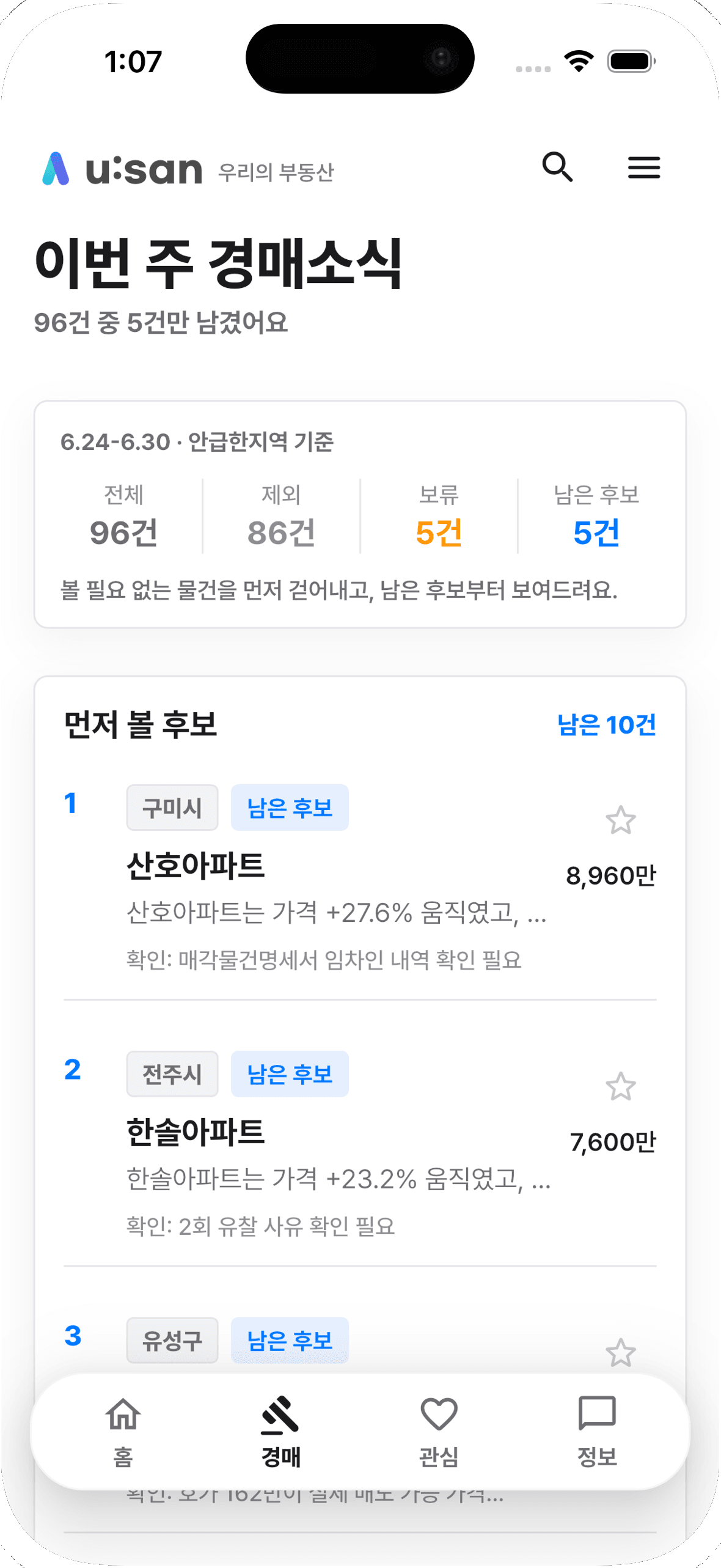 u:san 경매 후보 목록 화면